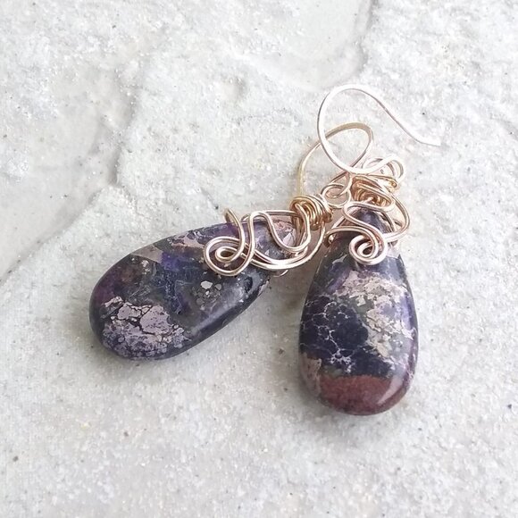 NatureLoversJewelry Jewelry - Wire Wrapped Beauties! Purple & Plum Sea Sediment Jasper Teardrop + Rose Gold